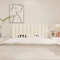 Modern Design Double Bed with Beige Vertical Panel Upholstered Headboard Abstract Painting Green Plant Decor