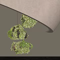 Console Table Featuring Hanging Green Moss Balls Gray Curved Structure Pale Wall and Lighting Shadows