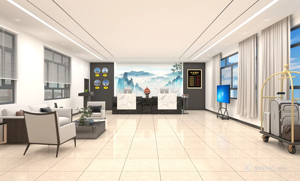 Hotel Lobby Interior With Mountain Landscape Background Reception Desk Sofa Seating And Windows 3d model 