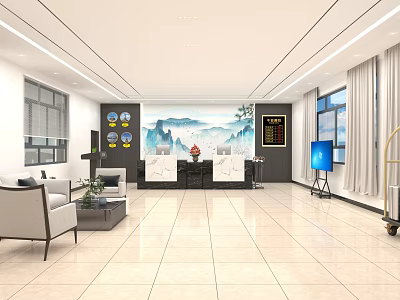 Hotel Lobby Interior With Mountain Landscape Background Reception Desk Sofa Seating And Windows 3d model
