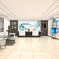 Hotel Lobby Interior With Mountain Landscape Background Reception Desk Sofa Seating And Windows
