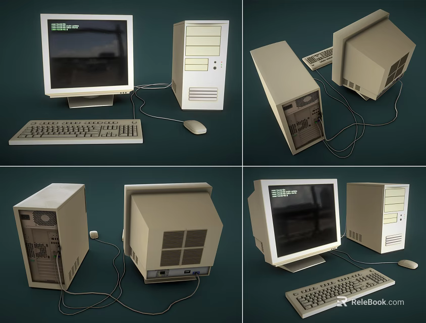 Vintage Computer Setup With Monitor Desktop Tower Keyboard And Mouse Multiple Angles Views 3d model 
