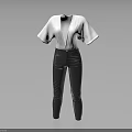 White V Neck Short Sleeve Top with Black Tight Fitting Leather Pants