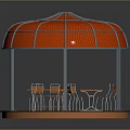 Red Round Perforated Roof Pergola With Metal Frame And Wooden Tables Chairs Outdoor Leisure Space