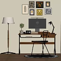 Modern Home Office Desk Interior With Laptop Desk Lamp Chair And Wall Art Decor