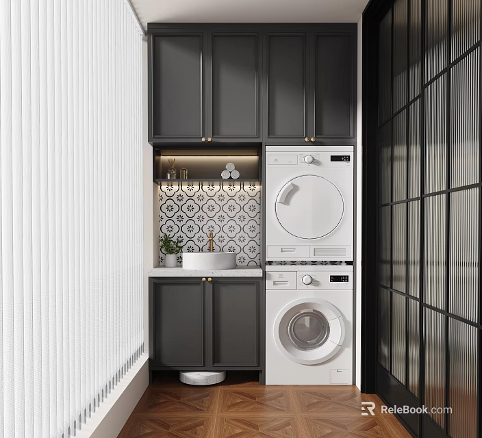 Home Balcony Design With Dark Cabinets Washing Machine Dryer Patterned Tile Wall And Small Sink 3d model 