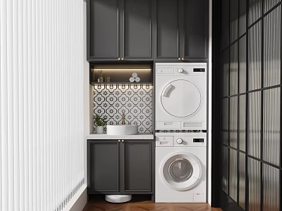 Home Balcony Design With Dark Cabinets Washing Machine Dryer Patterned Tile Wall And Small Sink 3d model