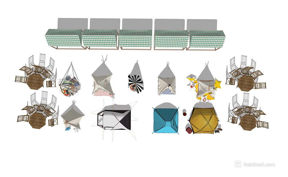 Various Tents with Hanging and Geometric Designs for Outdoor Camping Use 3d model 