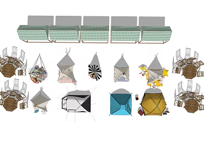 Various Tents with Hanging and Geometric Designs for Outdoor Camping Use 3d model
