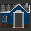 Blue House With Gray Tiled Roof White Door Frame Red Bench And Wall Lantern