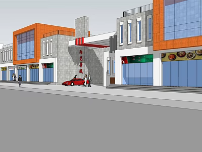 Commercial Street With Modern Building Exteriors Glass Curtain Walls Red Car And Pedestrians 3d model