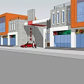 Commercial Street With Modern Building Exteriors Glass Curtain Walls Red Car And Pedestrians