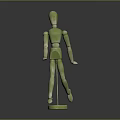 Green Wooden Mannequin Character Standing on Round Base with Smooth Surface