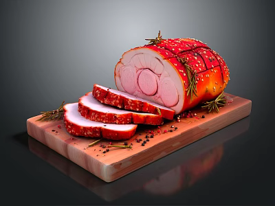 Sliced Roasted Ham on Wooden Cutting Board with Rosemary and Black Pepper 3d model