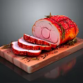 Sliced Roasted Ham on Wooden Cutting Board with Rosemary and Black Pepper
