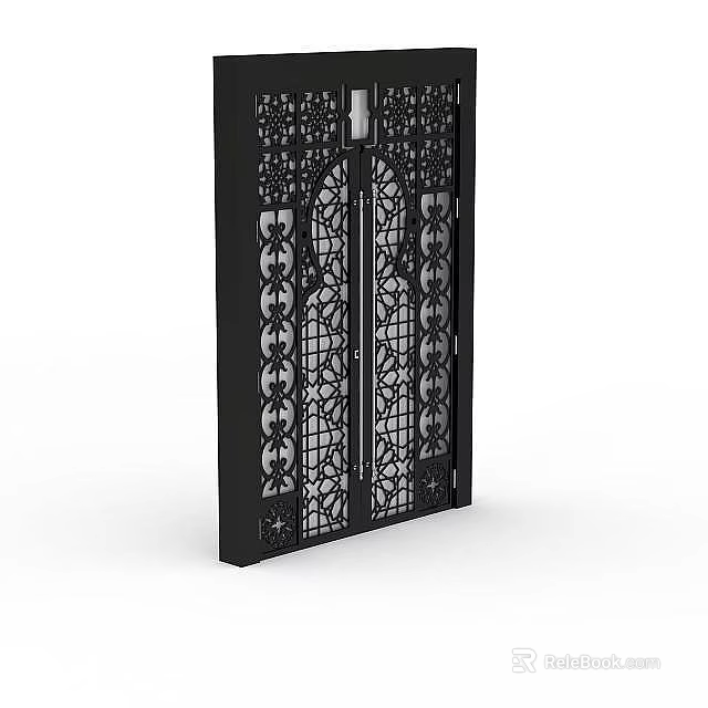 Black Iron Decorative Door With Intricate Patterns And Arched Lattice Design 3d model 
