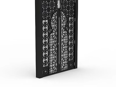 Black Iron Decorative Door With Intricate Patterns And Arched Lattice Design 3d model