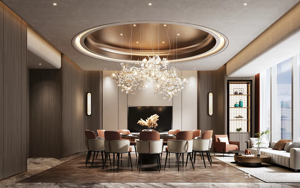 Luxurious Modern Private Room Interior Design With Circular Chandelier Dining Table Chairs And Display Cabinet 3d model 