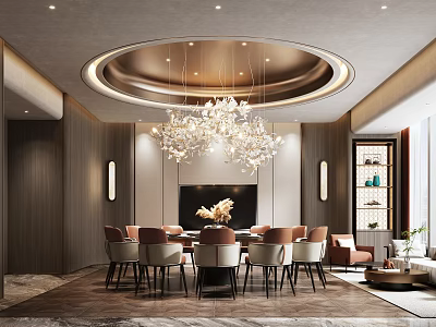Luxurious Modern Private Room Interior Design With Circular Chandelier Dining Table Chairs And Display Cabinet 3d model
