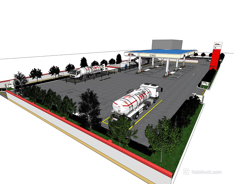 Gas Station Facility With Fuel Pumps Tanker Trucks Building And Green Trees 3d model 