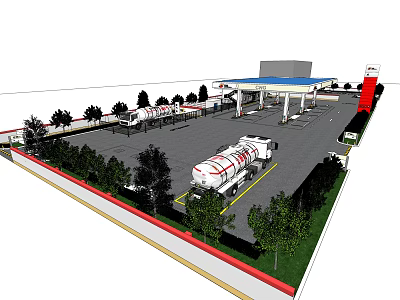 Gas Station Facility With Fuel Pumps Tanker Trucks Building And Green Trees 3d model