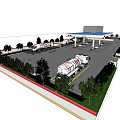 Gas Station Facility With Fuel Pumps Tanker Trucks Building And Green Trees