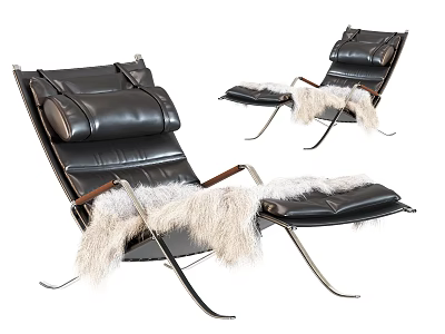 Black Leather Recliner Chair With Metal Frame And White Fur Ottoman Cushion 3d model