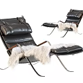 Black Leather Recliner Chair With Metal Frame And White Fur Ottoman Cushion