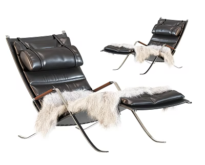 Black Leather Recliner Chair With Metal Frame And White Fur Ottoman Cushion 3d model