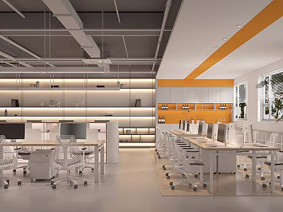 Modern Public Office Space with Desks Computers Ergonomic Chairs White Orange Walls Windows and Plants 3d model