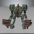 Rusted Teal And Orange Mechanical Character With Red Arm Structures And Mechanical Design