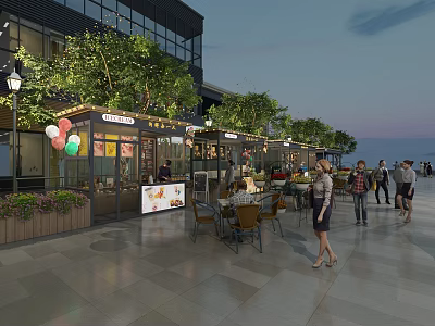 Bustling Commercial Street With Storefronts Pedestrians Green Plants And Evening Lighting Decorations 3d model