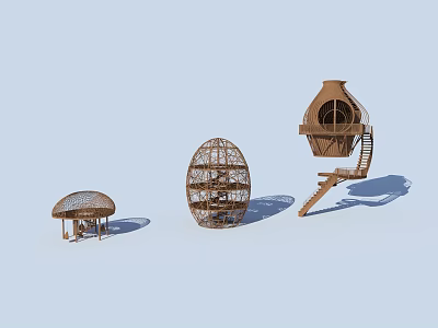 Garden Landscape Featuring Egg Shaped Wooden Decorative Installations With Dome Steps And Various Sizes 3d model