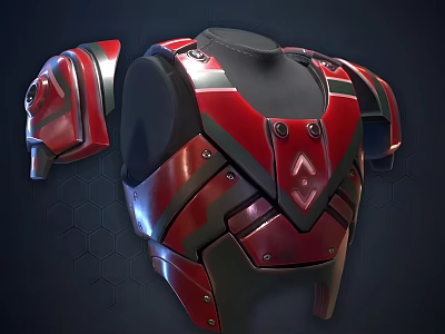 Red Black Weapon Armor Featuring Metallic Texture Shoulder Plates And Triangular Emblem 3d model