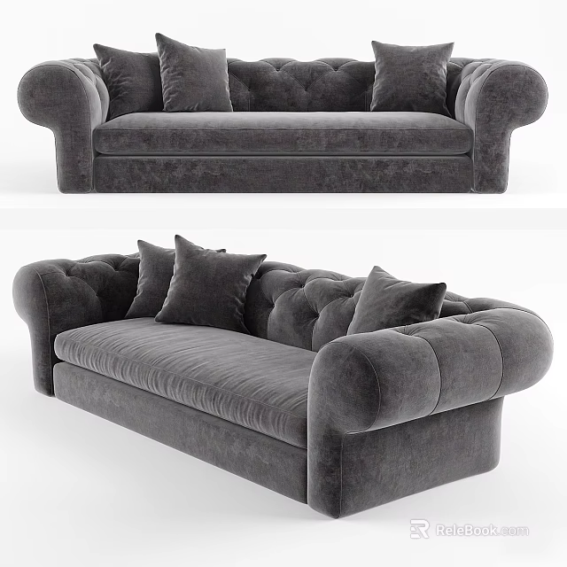 Modern Luxurious Gray Tufted Multi Seater Sofa With Soft Velvet Cushions And Armrests 3d model 