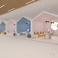 Hotel Lobby Interior With Wooden Ceiling Curved Structure Reception Desk And Colorful Children's Area