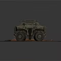 Military Armored Vehicle With Green Camouflage Multi Wheel And Roof Antenna On Rusty Red Ground
