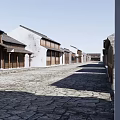 Traditional Commercial Street Featuring Stone Paved Road Wooden Architecture And Two Story Buildings