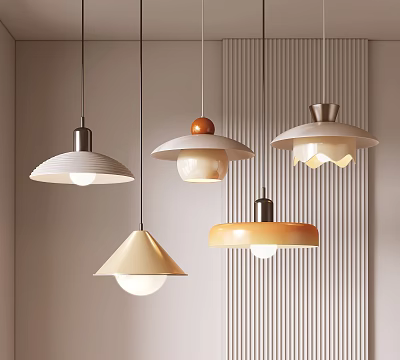 Modern Pendant Lights With Various Designs Hanging Against Light Striped Wall 3d model