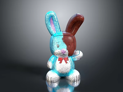 Blue Brown Rabbit Doll With Red Bow And Shiny Metallic Surface 3d model