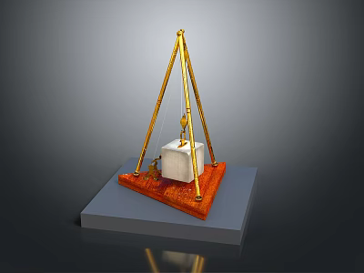 Lifting Equipment Featuring Tripod Structure White Block Object on Orange Base and Gray Platform 3d model