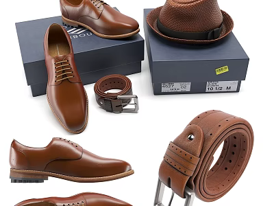 Stylish Men's Clothing Outfits With Brown Leather Shoes Belt And Hat 3d model