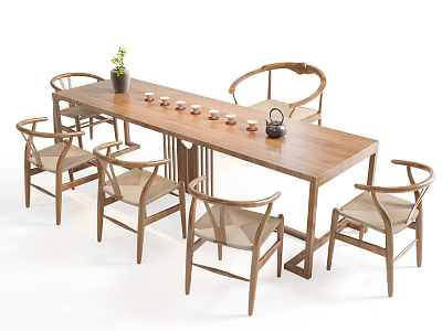 Minimalist Wooden Tea Table and Chairs with Teacups Teapot and Small Plant 3d model