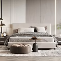 Modern Bedroom Interior With Bed Nightstands Pendant Lights Patterned Rug Indoor Plant And Window Bench