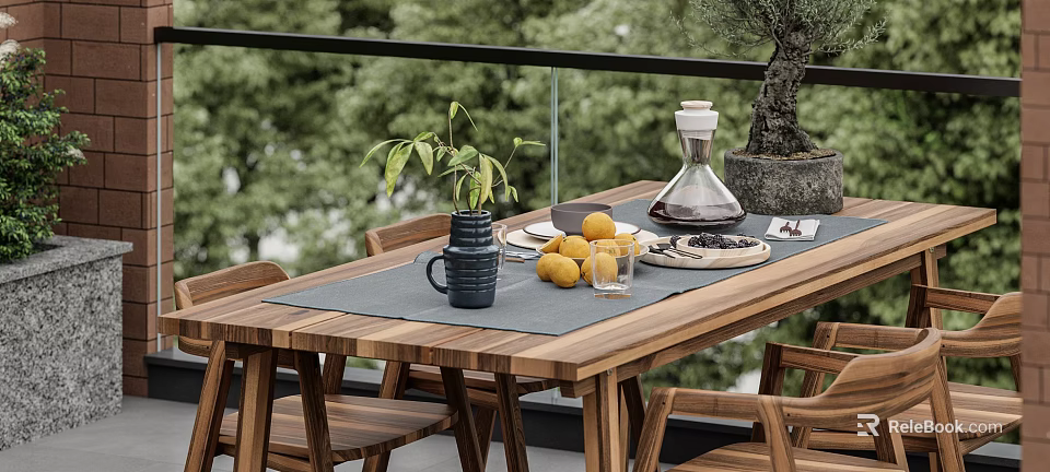 Outdoor Wooden Dining Table Set With Lemon Coffee Pot Plant And Green Trees Balcony 3d model 
