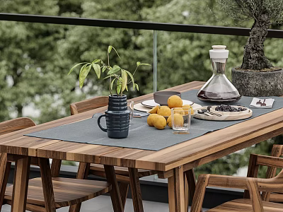 Outdoor Wooden Dining Table Set With Lemon Coffee Pot Plant And Green Trees Balcony 3d model