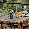 Outdoor Wooden Dining Table Set With Lemon Coffee Pot Plant And Green Trees Balcony