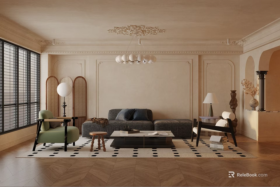 Elegant Modern Living Room With Beige Walls Chandelier Gray Sofa Green Armchair Herringbone Wooden Floor 3d model 