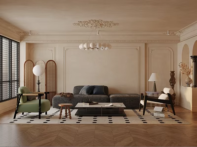 Elegant Modern Living Room With Beige Walls Chandelier Gray Sofa Green Armchair Herringbone Wooden Floor 3d model