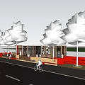 Wooden Pavilion With Red Benches Trees And People Resting In Open Space